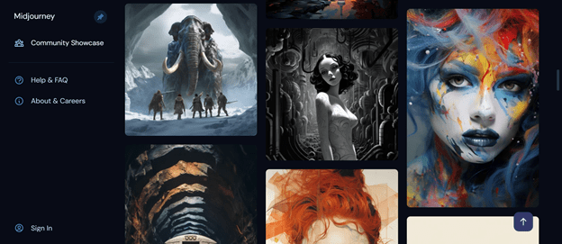 Midjourney ai art generator homepage