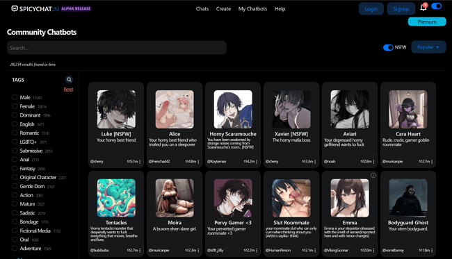 Spicychat.ai NSFW AI Chatbot homepage