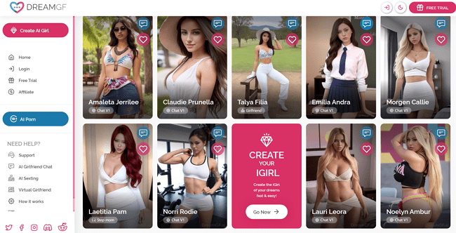 dreamgf.ai NSFW AI Chatbot homepage