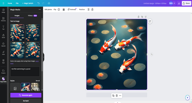 A screenshot three koi fish in a pond, as generated by Canva AI