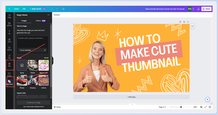 A screenshot of where the apps and Magic Media settings are in the Canva AI suite