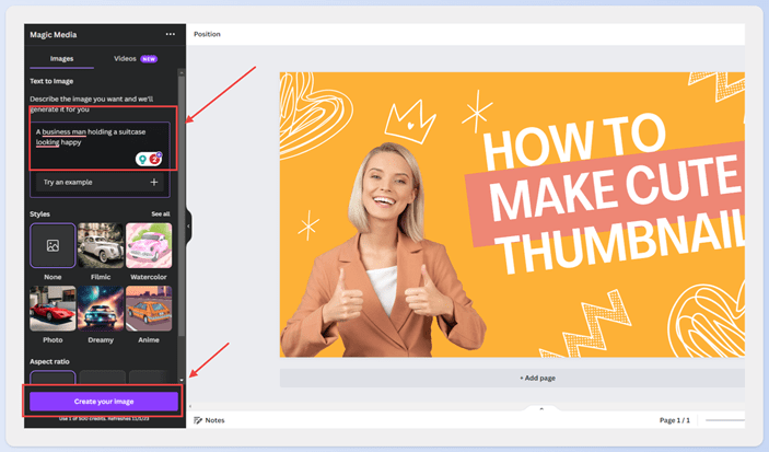 A screenshot of where the text prompt box and create an image button are in the Canva AI suite