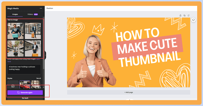 A screenshot of where the text prompt box and create an image button are in the Canva AI suite