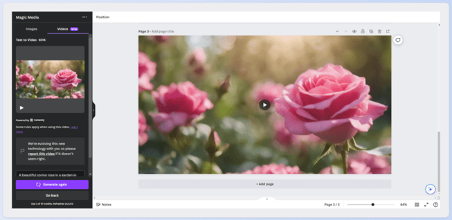 A screenshot of an AI-generated video of a pink rose in a garden
