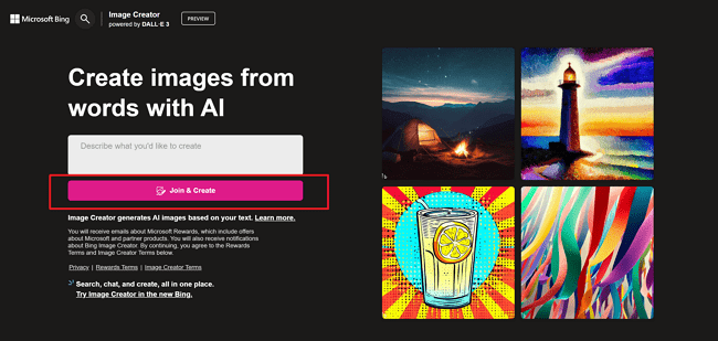bing ai image generator homepage