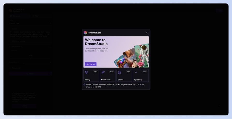 A screenshot of the Dream Studio Homepage