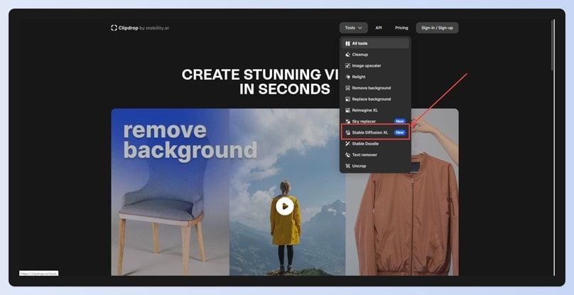 A screenshot showcasing where the Stable Diffusion tool is on Clipdrop