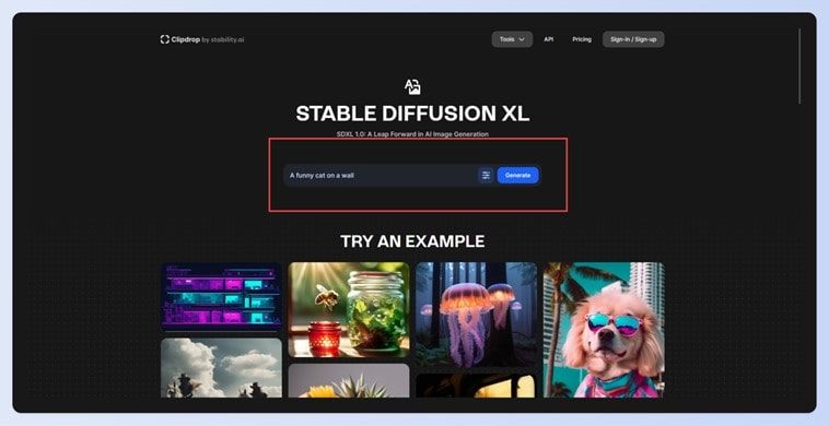 A screenshot showcasing where the Stable Diffusion prompt box is on Clipdrop