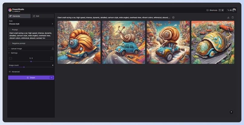 A screenshot showcasing a fun generation on Dream Studio Stabel Diffusion