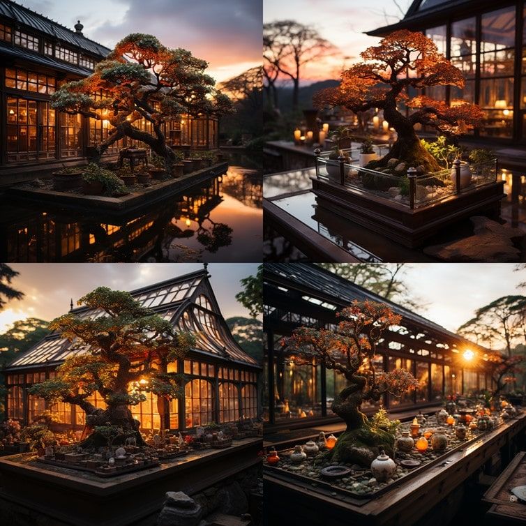Midjoiurney generation of four pictures of a bonsai tree in a greenhouse during sunset.