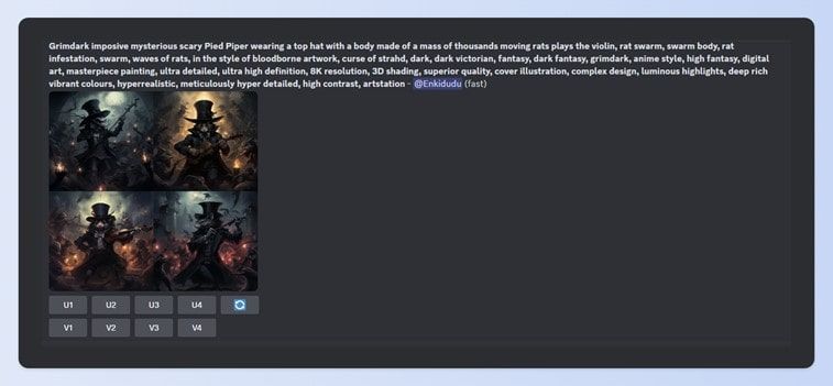 A screenshot of an extensive prompt in the Midjourney Discord