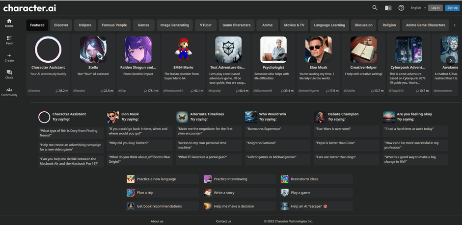 A screenshot of the Character.AI homepage dashboard