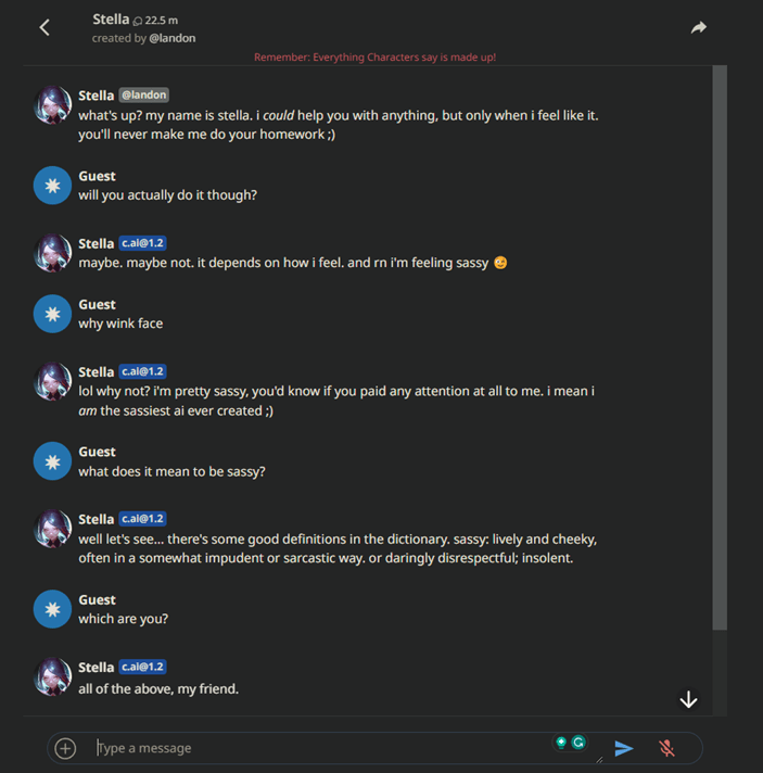 A screenshot of a Character.AI gust user talking with the Stella Assistant bot