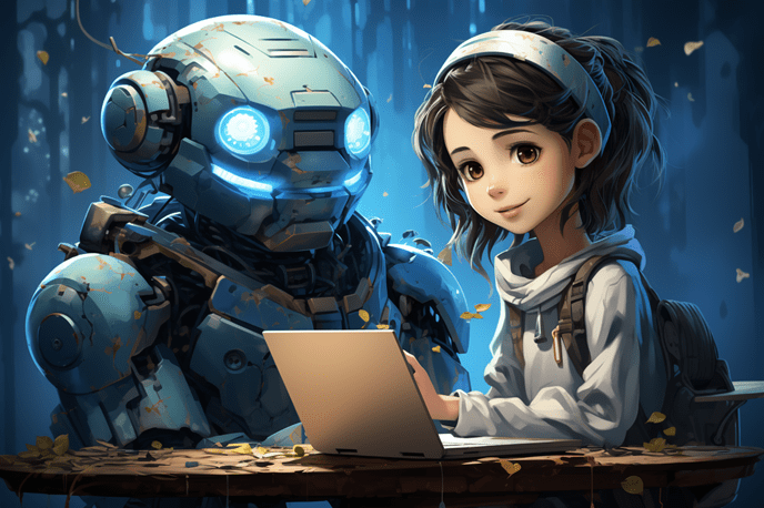 Midjourney - a character chatbot female talking with a computer user --ar 3:2 --s 750