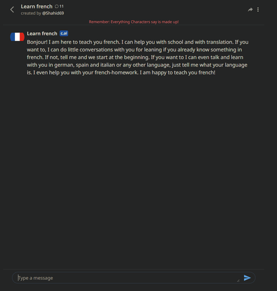 A screenshot of the start of the Learn French bot on Character.AI