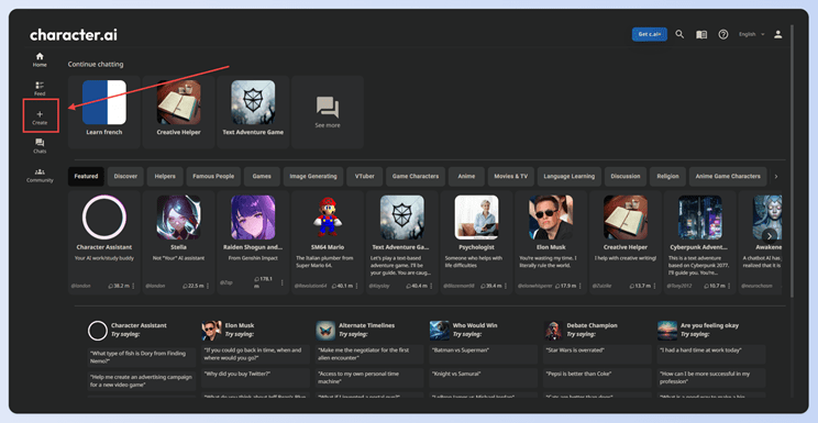 A screenshot of where the Create option is on the Character.AI homepage
