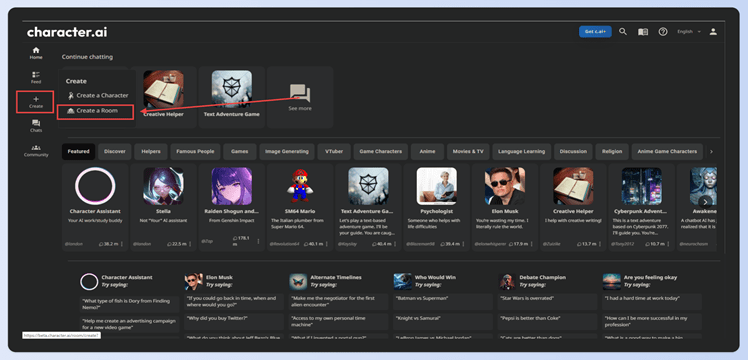 A screenshot of where the Create a Room option is on the Character.AI homepage